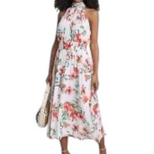 Calvin Klein Floral Print A-Line Halter Dress Chiffon Smocked Waist Tie at Back